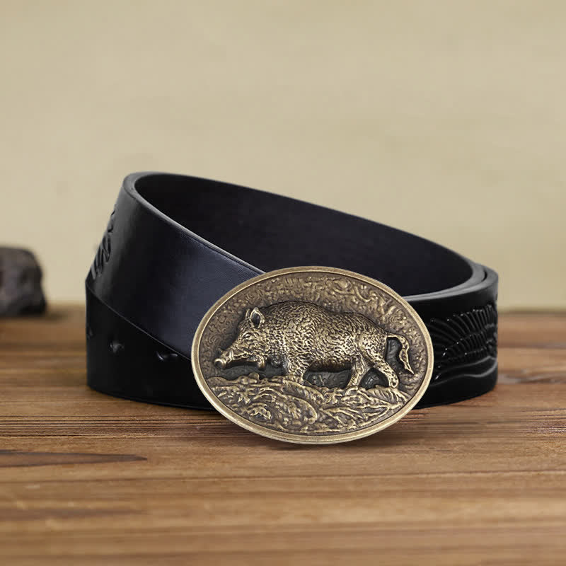 Cintura in pelle con fibbia a forma di cinghiale fai da te da uomo - Bronzo antico - Cintura aquila nera in rilievo (38) - image 6