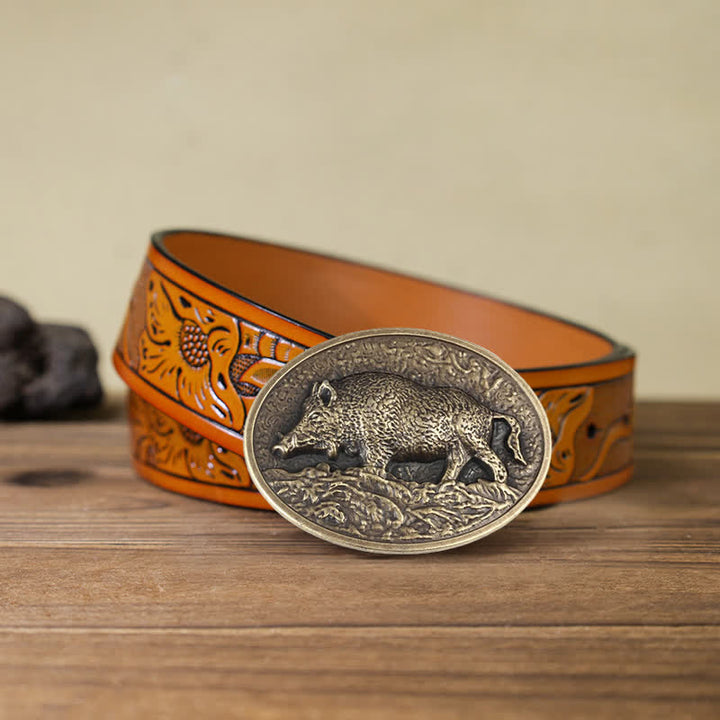 Cintura in pelle con fibbia a forma di cinghiale fai da te da uomo - Bronzo antico - Cintura intagliata arancione (40) - image 11