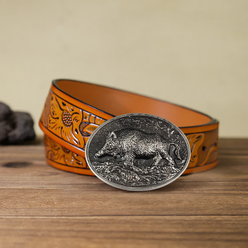Cintura in pelle con fibbia a forma di cinghiale fai da te da uomo - Argento antico - Cintura intagliata arancione (40) - image 19