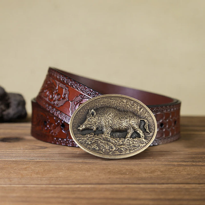 Cintura in pelle con fibbia a forma di cinghiale fai da te da uomo - Bronzo antico - Cintura marrone intagliata (40) - image 9