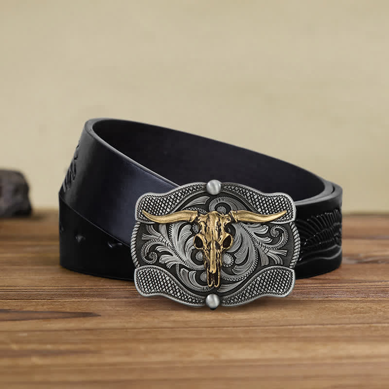 Cintura in pelle fai da te con fibbia a forma di toro Texas Longhorn da uomo
