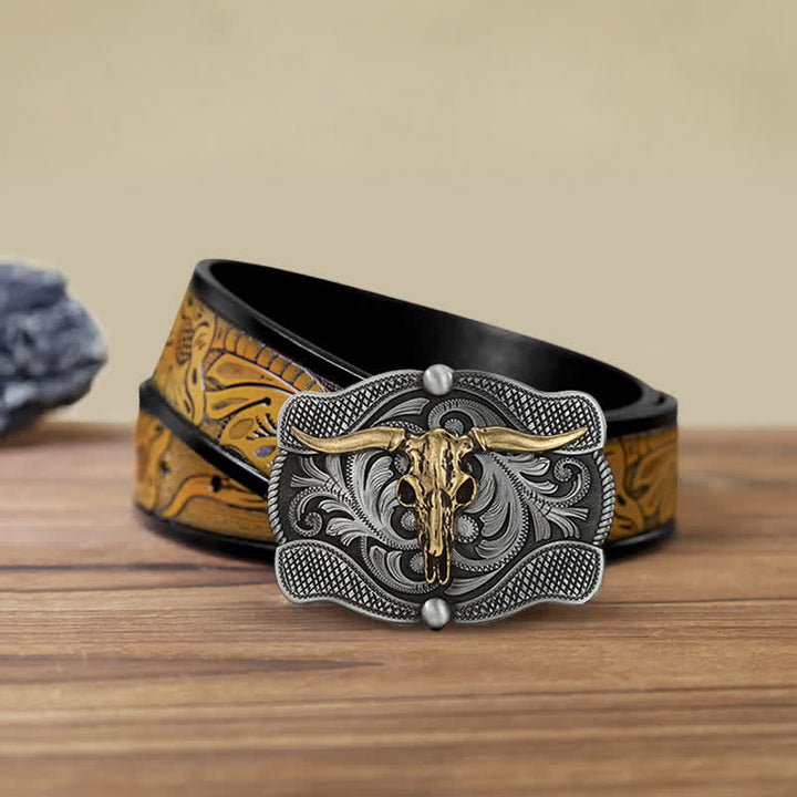 Cintura in pelle fai da te con fibbia a forma di toro Texas Longhorn da uomo - Testa di toro - Cintura marrone sabbia (40) - image 8