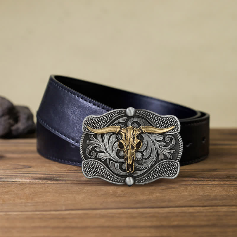 Cintura in pelle fai da te con fibbia a forma di toro Texas Longhorn da uomo - Testa di toro - Cintura PU nera (40) - image 3