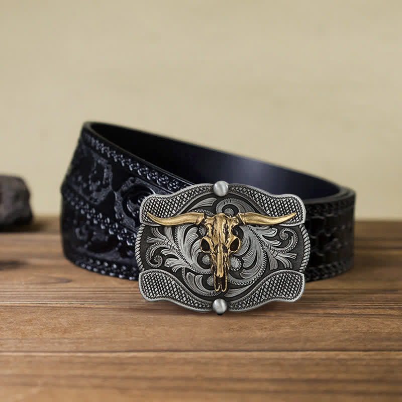 Cintura in pelle fai da te con fibbia a forma di toro Texas Longhorn da uomo - Testa di toro - Cintura nera intagliata (40) - image 6