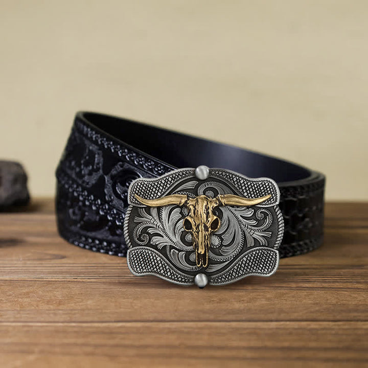 Cintura in pelle fai da te con fibbia a forma di toro Texas Longhorn da uomo - Testa di toro - Cintura nera intagliata (40) - image 6