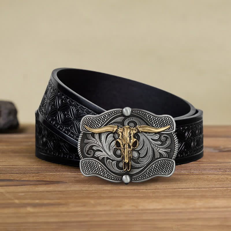 Cintura in pelle fai da te con fibbia a forma di toro Texas Longhorn da uomo - Testa di toro - Cintura in tessuto goffrato nero (38) - image 5