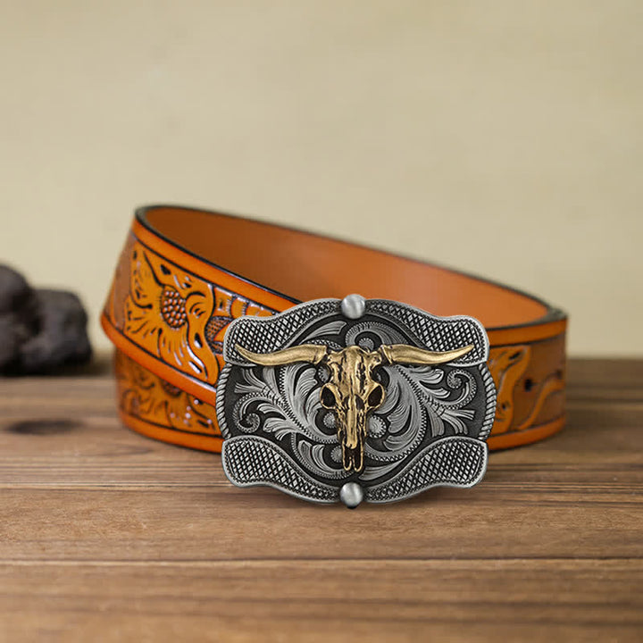 Cintura in pelle fai da te con fibbia a forma di toro Texas Longhorn da uomo - Testa di toro - Cintura intagliata arancione (40) - image 9