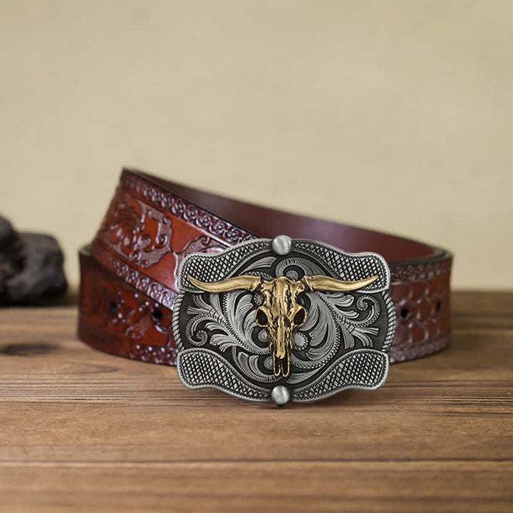 Cintura in pelle fai da te con fibbia a forma di toro Texas Longhorn da uomo - Testa di toro - Cintura marrone intagliata (40) - image 7