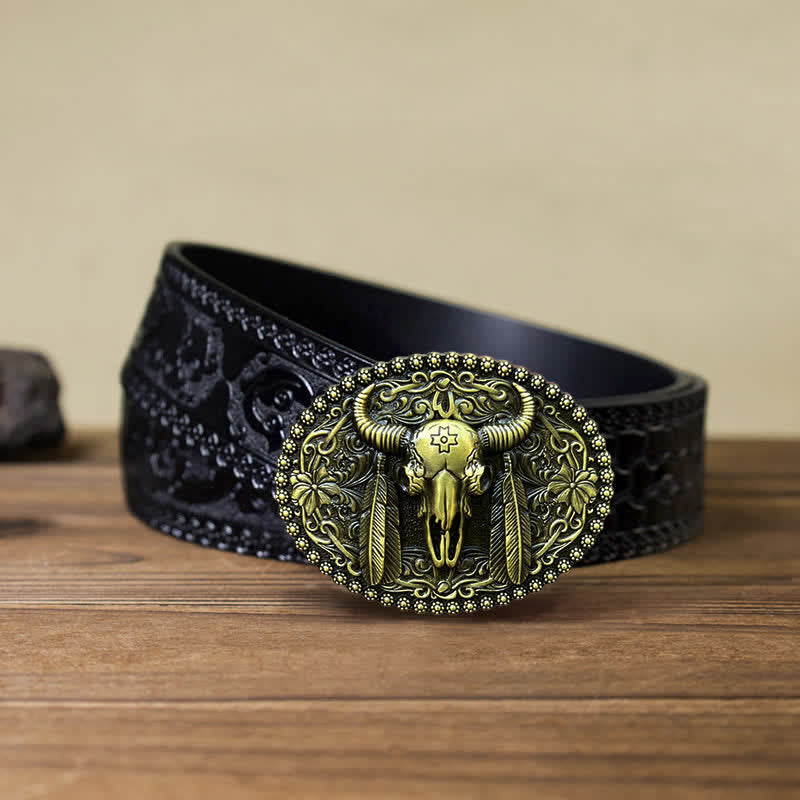 Cintura in pelle con fibbia decorativa etnica a forma di toro fai da te da uomo - Bronzo antico - Cintura nera intagliata (40) - image 15
