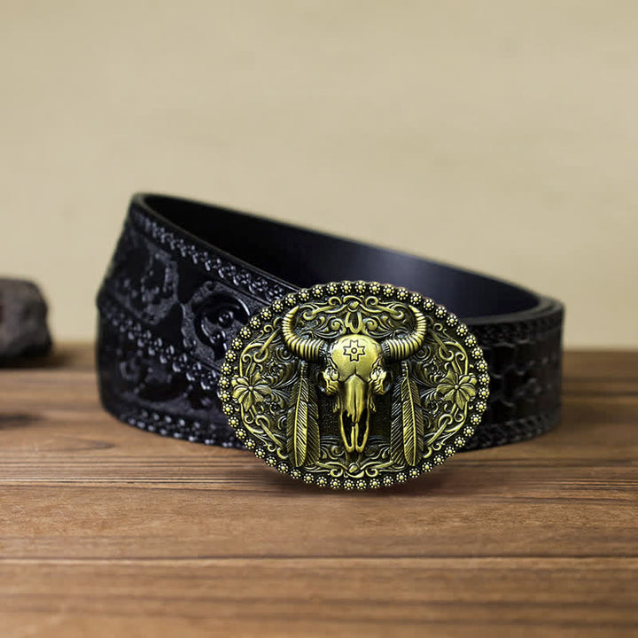 Cintura in pelle con fibbia decorativa etnica a forma di toro fai da te da uomo - Bronzo antico - Cintura nera intagliata (40) - image 15