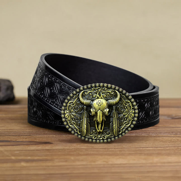 Cintura in pelle con fibbia decorativa etnica a forma di toro fai da te da uomo - Bronzo antico - Cintura in tessuto goffrato nero (38) - image 14