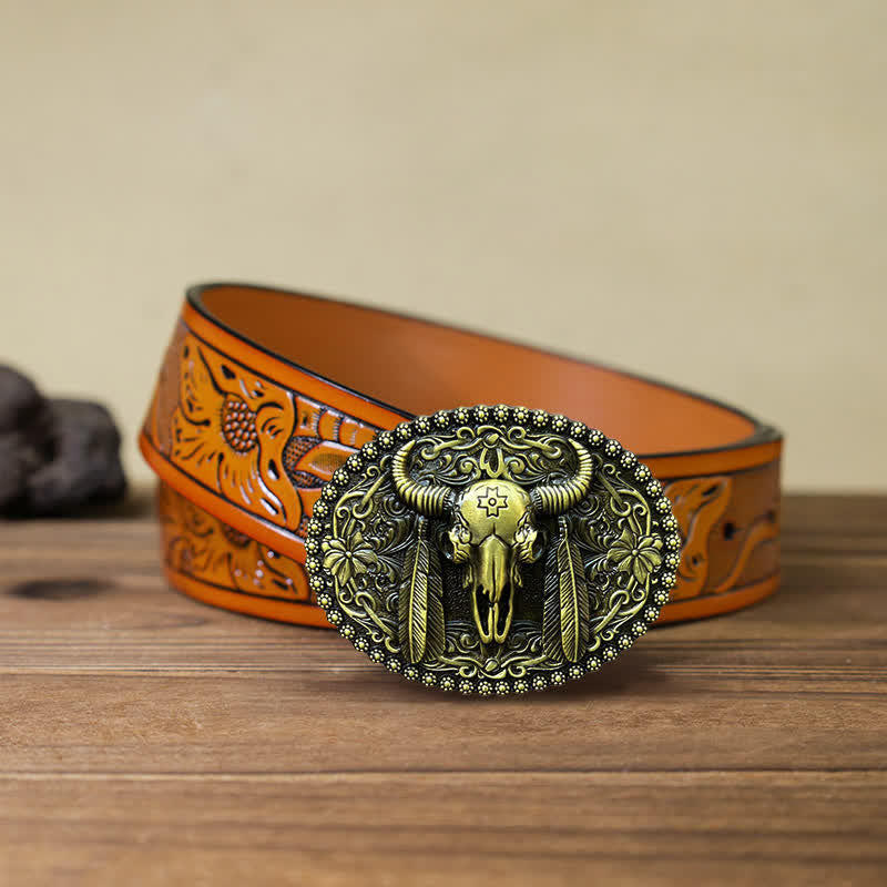 Cintura in pelle con fibbia decorativa etnica a forma di toro fai da te da uomo - Bronzo antico - Cintura intagliata arancione (40) - image 18