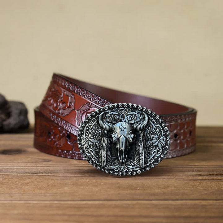 Cintura in pelle con fibbia decorativa etnica a forma di toro fai da te da uomo - Argento antico - Cintura marrone intagliata (40) - image 7