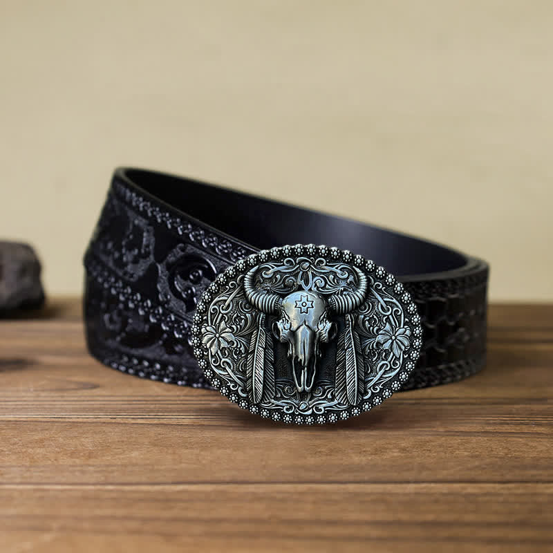 Cintura in pelle con fibbia decorativa etnica a forma di toro fai da te da uomo - Argento antico - Cintura nera intagliata (40) - image 6