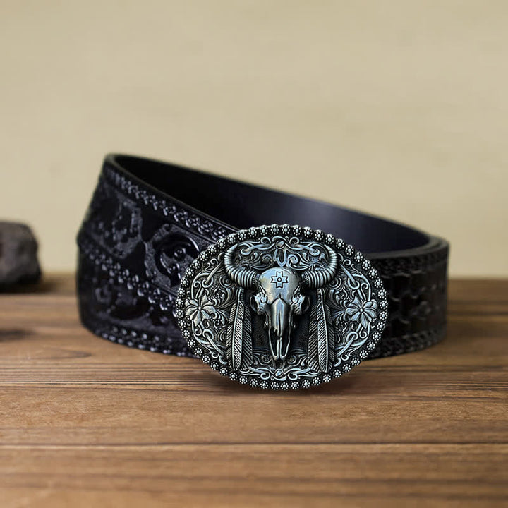 Cintura in pelle con fibbia decorativa etnica a forma di toro fai da te da uomo - Argento antico - Cintura nera intagliata (40) - image 6