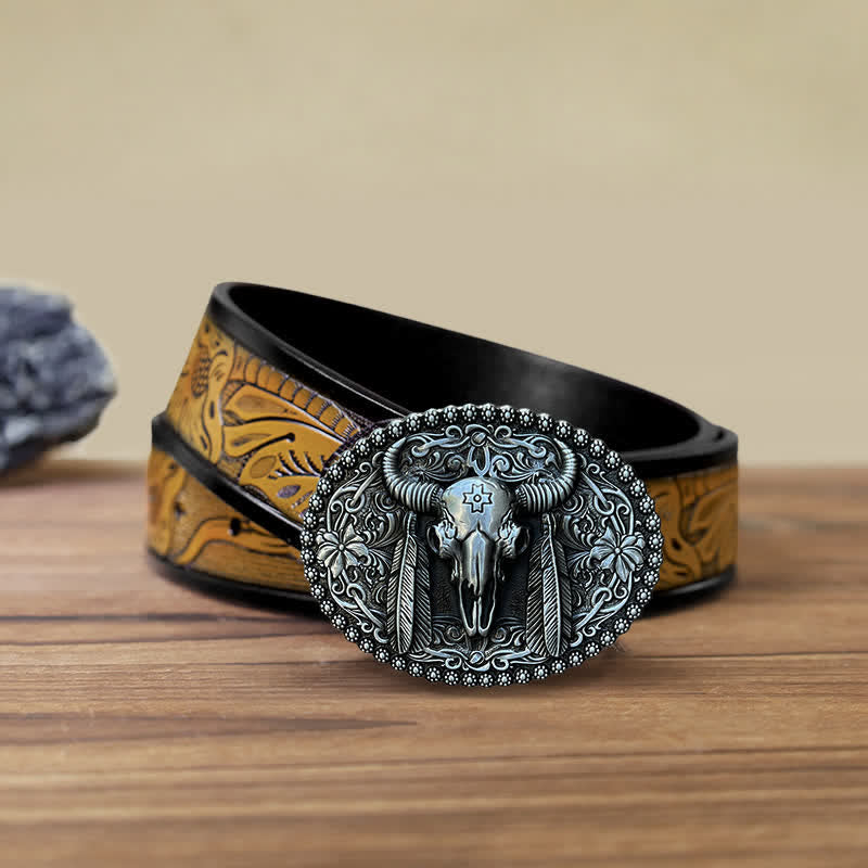 Cintura in pelle con fibbia decorativa etnica a forma di toro fai da te da uomo - Argento antico - Cintura marrone sabbia (40) - image 8