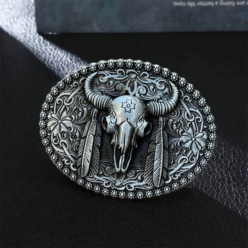 Cintura in pelle con fibbia decorativa etnica a forma di toro fai da te da uomo - Argento antico - Senza cintura - image 0