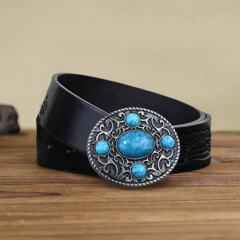 Cintura in pelle con fibbia turchese da cowboy western fai da te da uomo