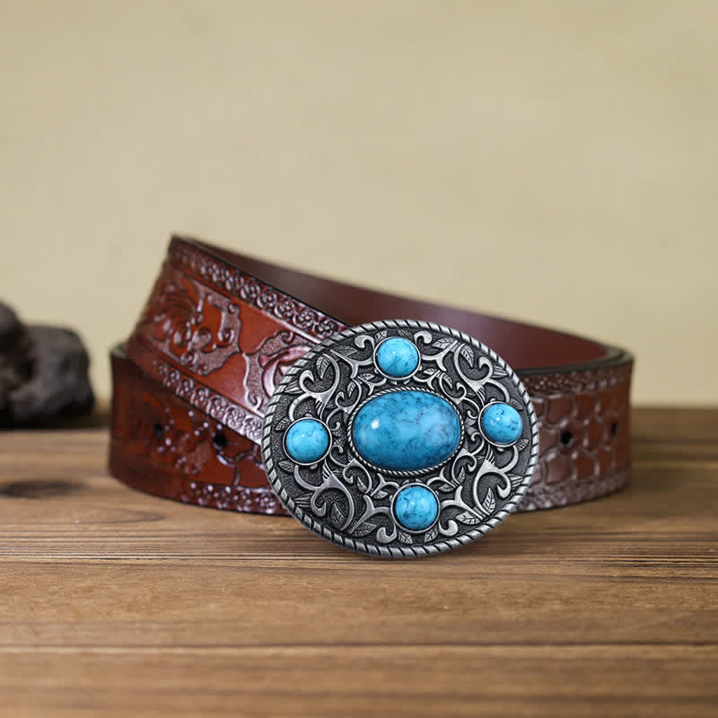Cintura in pelle con fibbia turchese da cowboy western fai da te da uomo