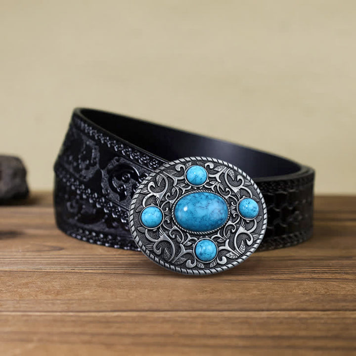Cintura in pelle con fibbia turchese da cowboy western fai da te da uomo