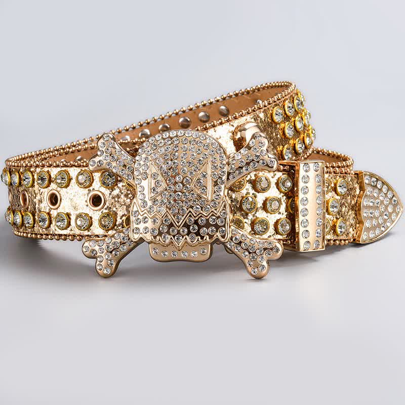 Cintura in pelle tempestata di strass di cristallo con testa di teschio