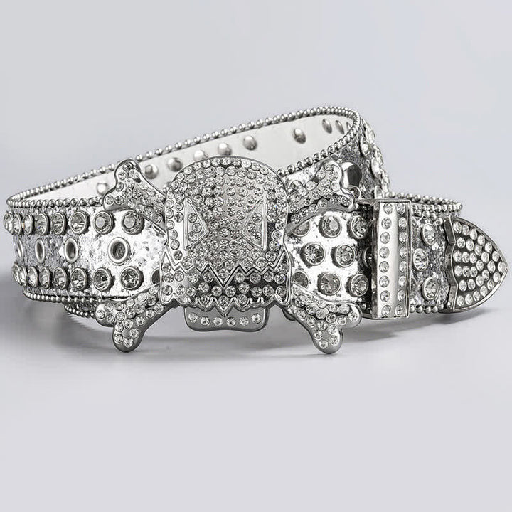 Cintura in pelle tempestata di strass di cristallo con testa di teschio