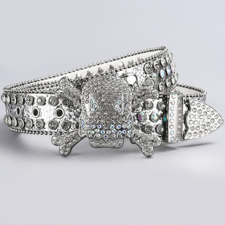Cintura in pelle tempestata di strass di cristallo con testa di teschio