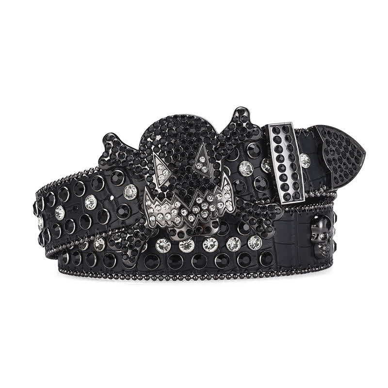 Cintura in pelle con decorazione in perline e strass a forma di teschio di roccia - Nero - 46 - image 0
