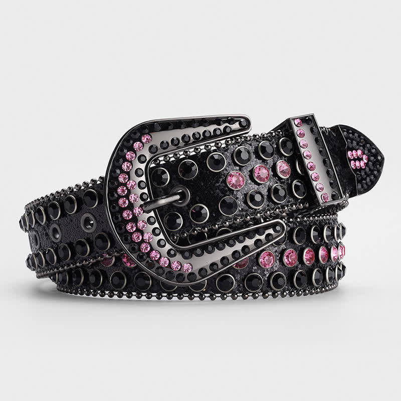 Cintura in pelle tempestata di cristalli e strass scintillanti - Nero e rosa - 34 - image 3