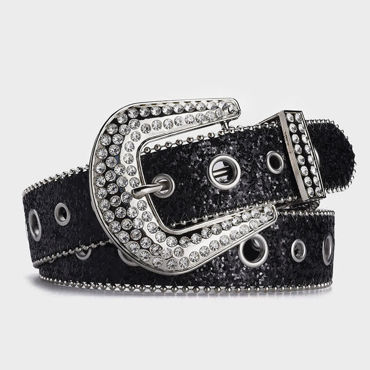 Cintura in pelle con fibbia in strass e paillettes abbaglianti