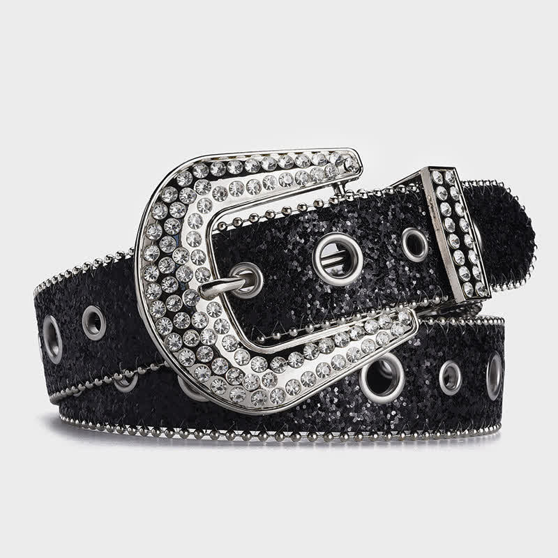 Cintura in pelle con fibbia in strass e paillettes abbaglianti - Nero - 34 - image 0