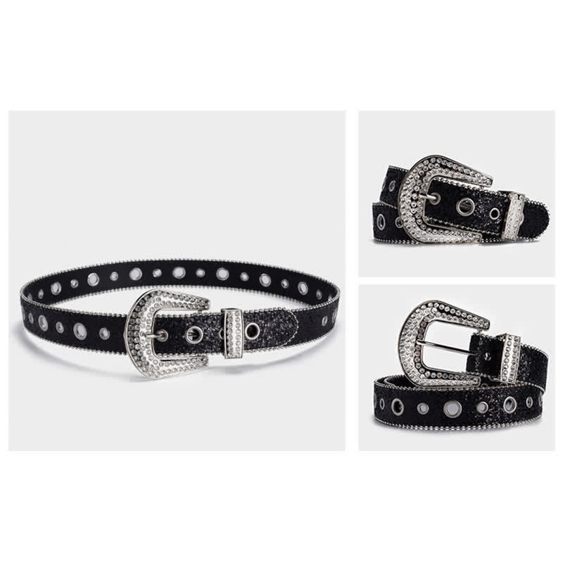 Cintura in pelle con fibbia in strass e paillettes abbaglianti