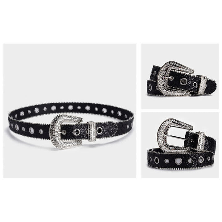 Cintura in pelle con fibbia in strass e paillettes abbaglianti