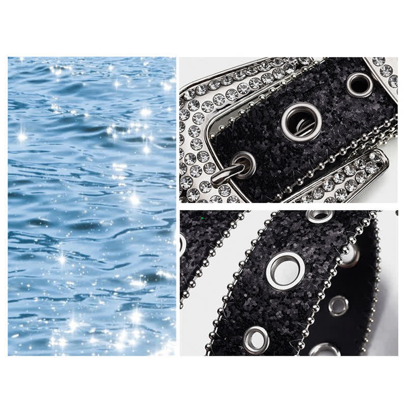 Cintura in pelle con fibbia in strass e paillettes abbaglianti