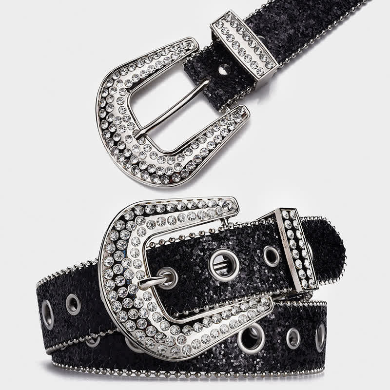 Cintura in pelle con fibbia in strass e paillettes abbaglianti