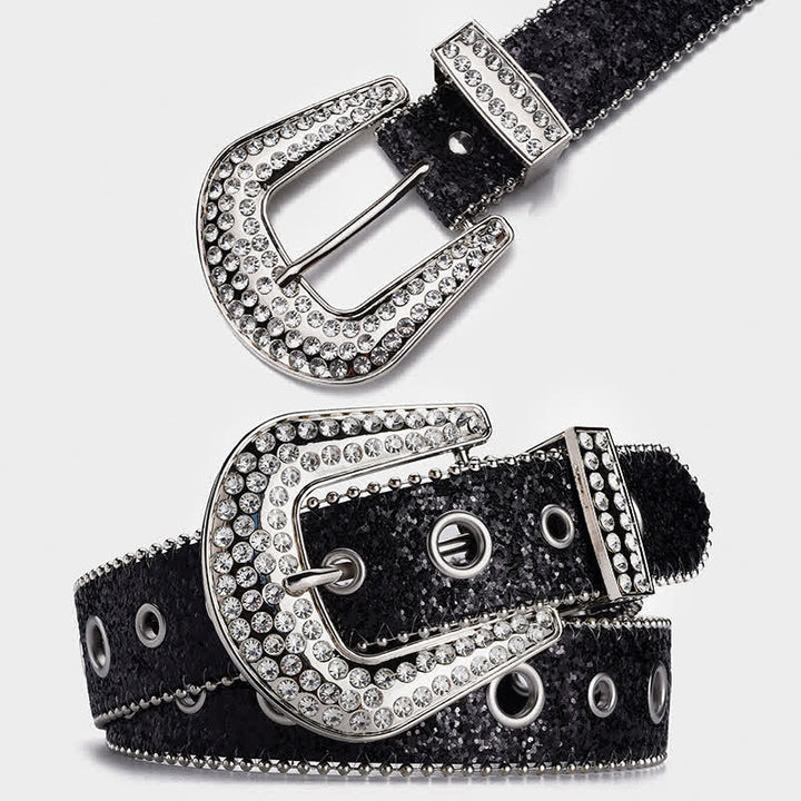Cintura in pelle con fibbia in strass e paillettes abbaglianti