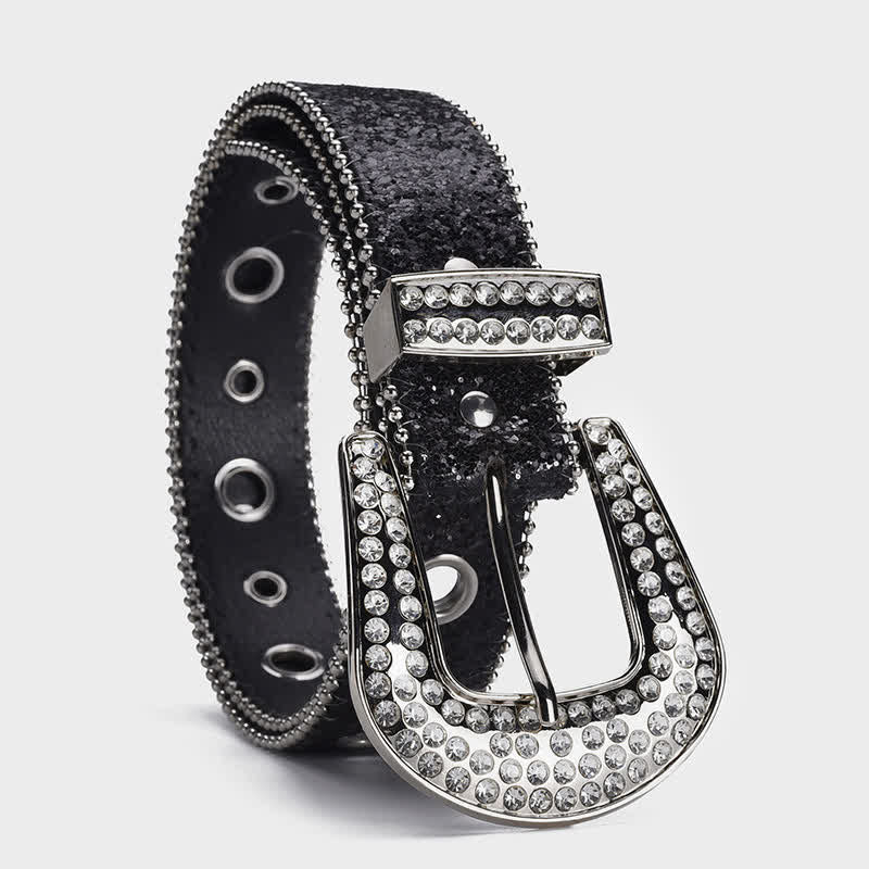 Cintura in pelle con fibbia in strass e paillettes abbaglianti