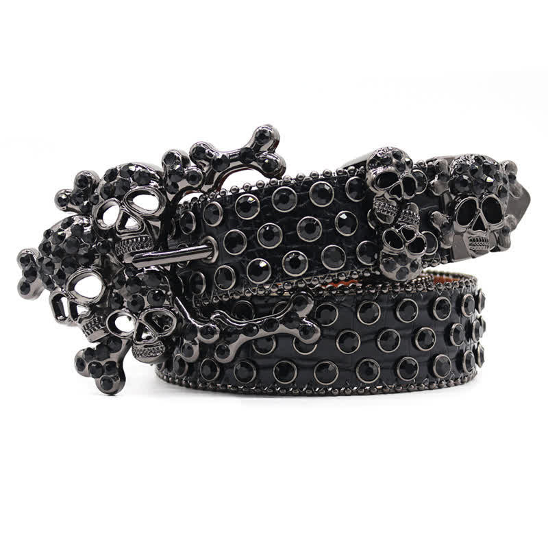 Cintura in pelle con fibbia a forma di teschio nero e borchie di strass - Nero - 44 - image 0
