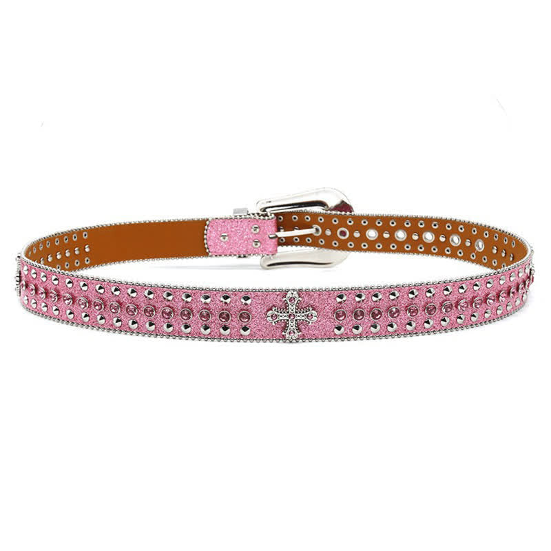 Cintura in pelle con borchie di strass e croce gotica alla moda