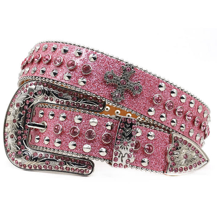 Cintura in pelle con borchie di strass e croce gotica alla moda