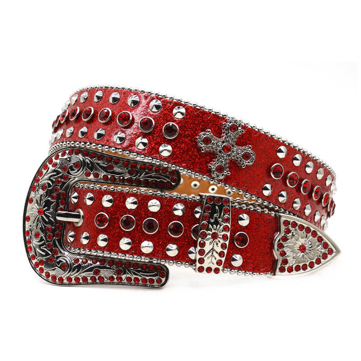 Cintura in pelle con borchie di strass e croce gotica alla moda
