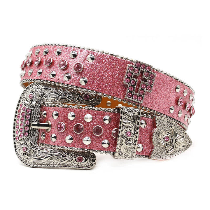 Cintura in pelle con borchie di strass e croce gotica alla moda
