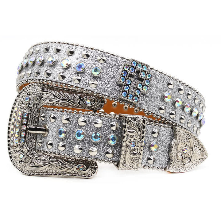 Cintura in pelle con borchie di strass e croce gotica alla moda