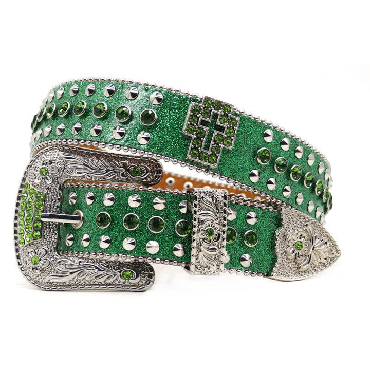 Cintura in pelle con borchie di strass e croce gotica alla moda