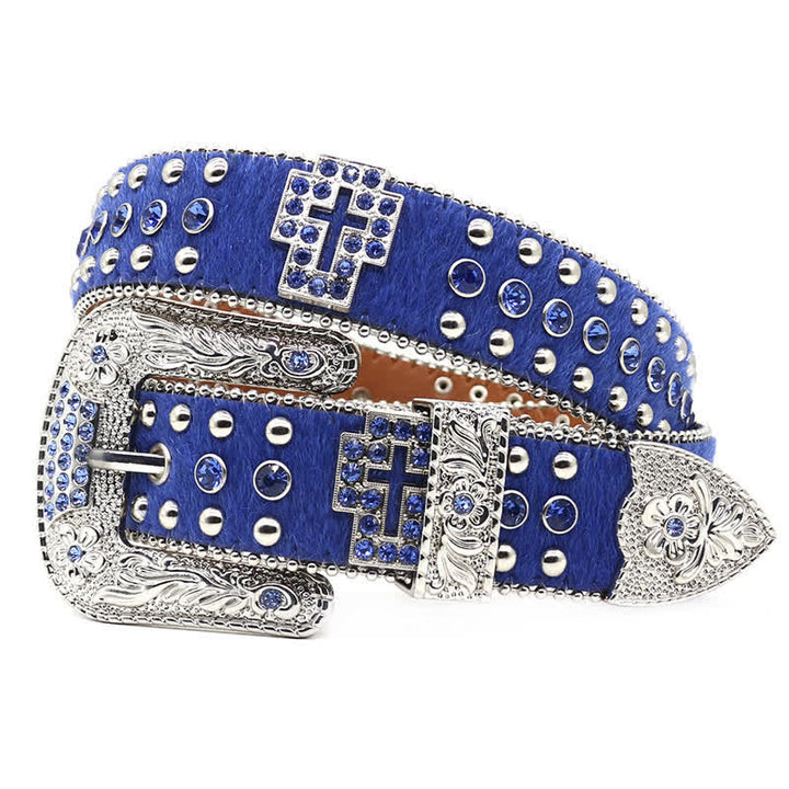 Cintura in pelle con borchie a croce e strass scintillanti - Blu - 44 - image 9