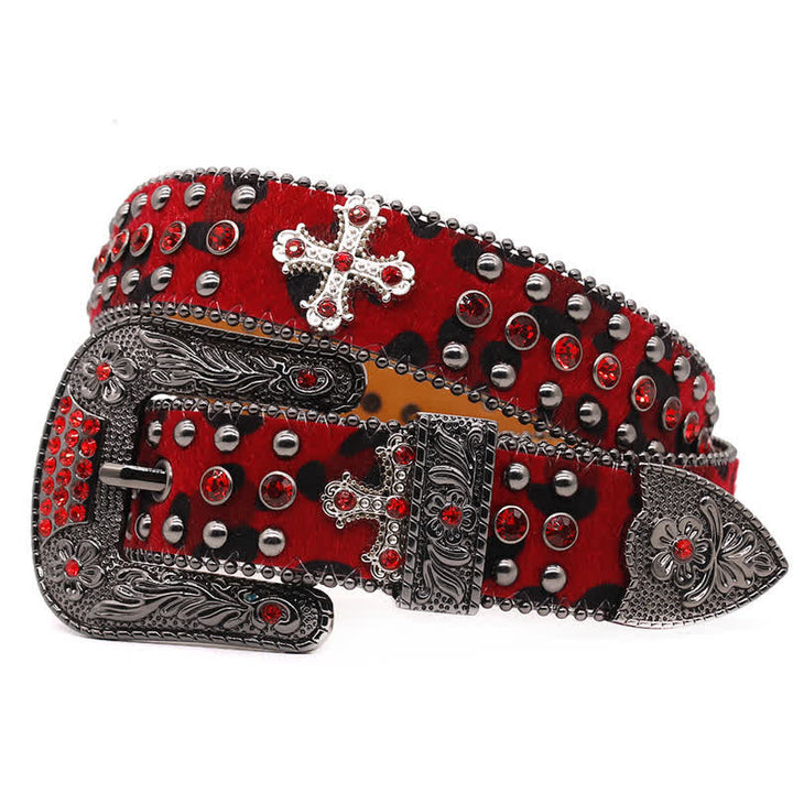 Cintura in pelle con borchie a croce e strass scintillanti