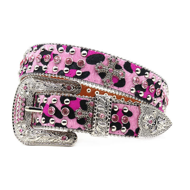 Cintura in pelle con borchie a croce e strass scintillanti