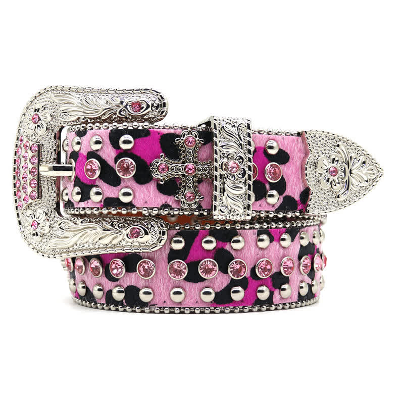 Cintura in pelle con borchie a croce e strass scintillanti