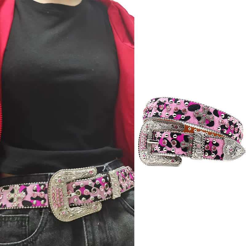 Cintura in pelle con borchie a croce e strass scintillanti