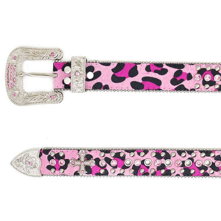 Cintura in pelle con borchie a croce e strass scintillanti